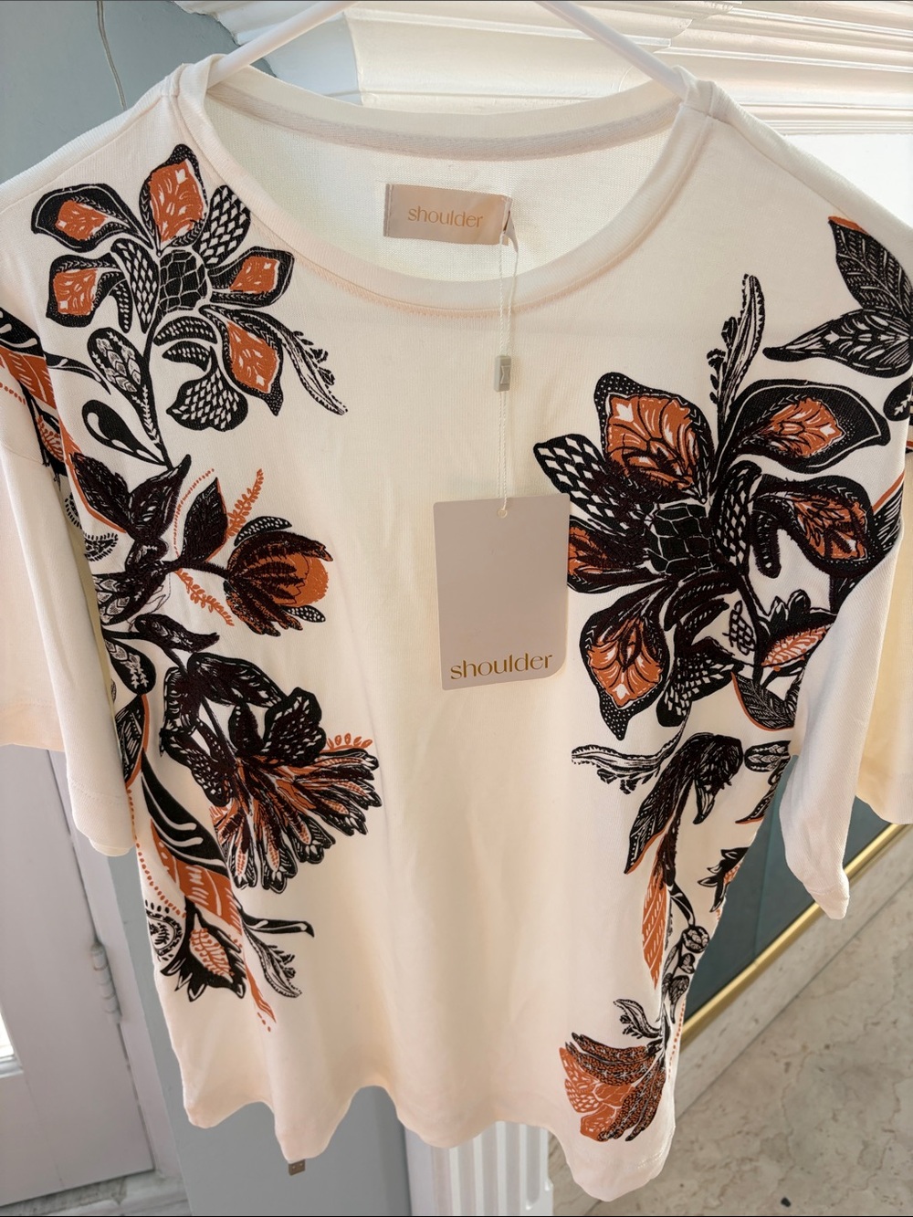 Shoulder Ivory Short Sleeve Tee with Brown  and Orange Floral Print
